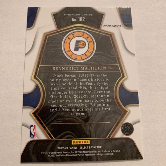 2022-23 Panini Select Bennedict Mathurin RC Silver Prizm Premier Level - Picture 2 of 2